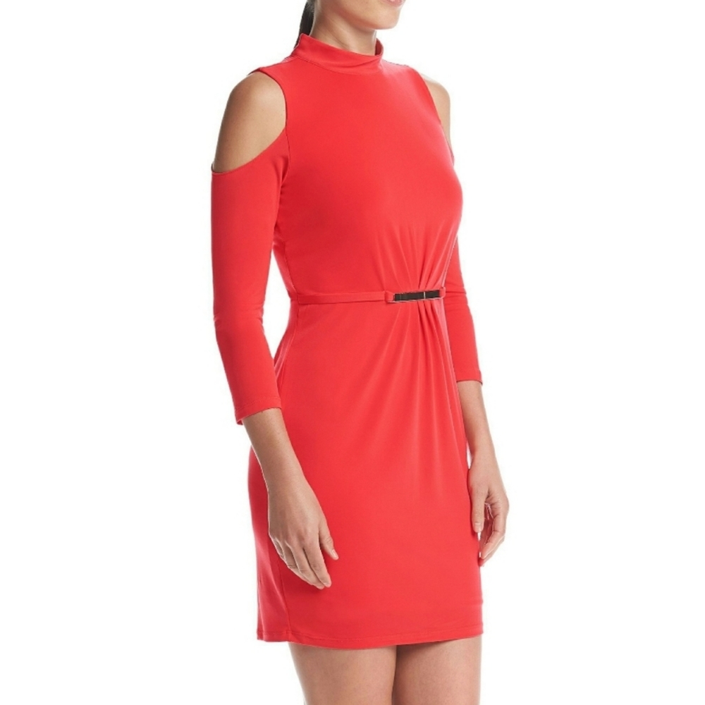 Jessica Simpson Cold Shoulder Coral Mock Neck Attached Belt Sheath Dress Size 2 - Picture 2 of 16